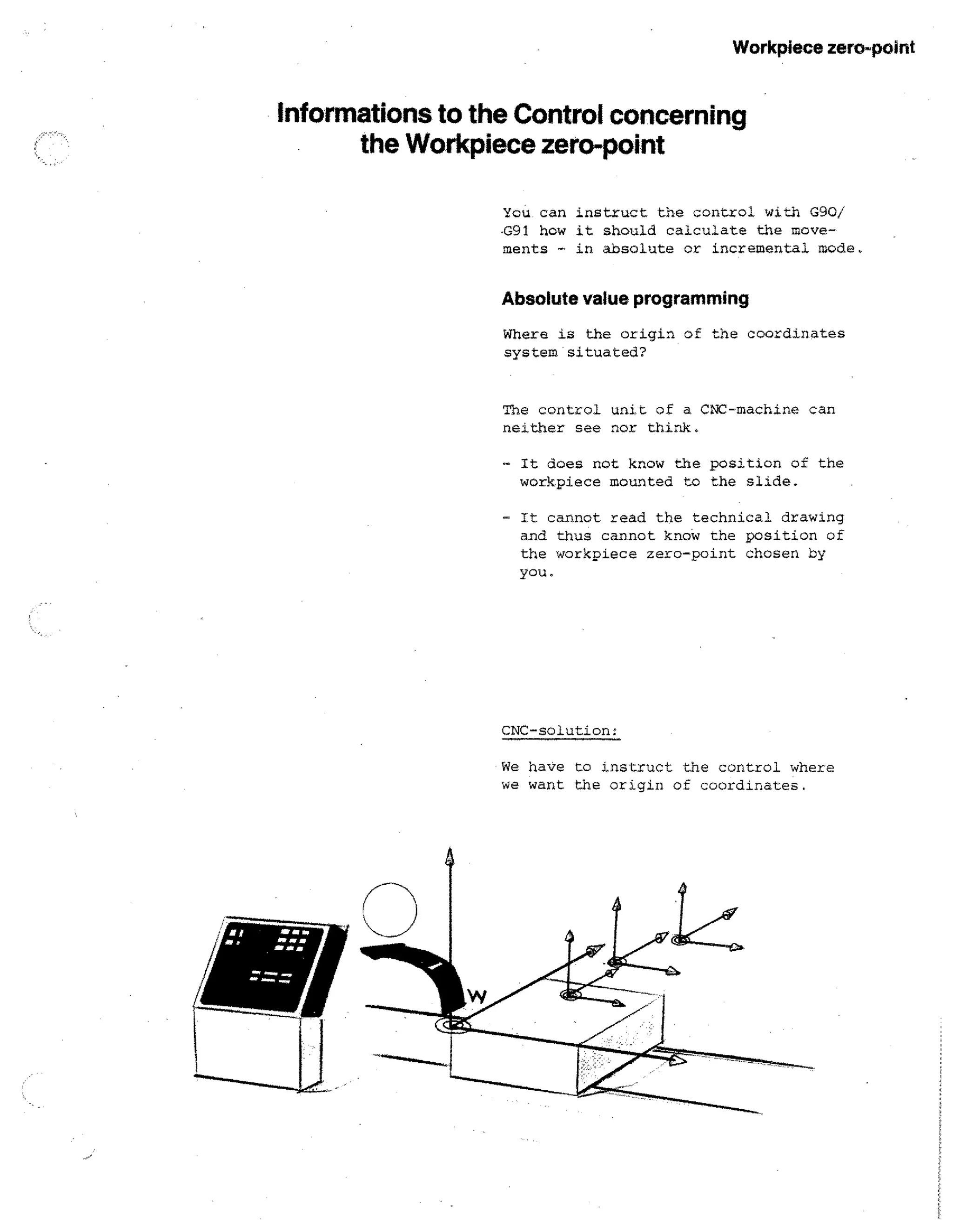 Workpiece zero-point

Informations to the Control concerning
the Workpiece zero-point
You. can instruct the control with G90/
-G91 how it should calculate the movements - in absolute or incremental mode.

Absolute value programming
Where is the origin of the coordinates
system situated?

The control unit of a CNC-machine can
neither see nor think.
- It does not know the position of the
work.piece mounted to the slide.
- It cannot read the technical drawing
and thus cannot know the position of
the workpiece zero-point chosen by
you.

CNC-solution:
We have to instruct the control where
we want the origin of coordinates.

 