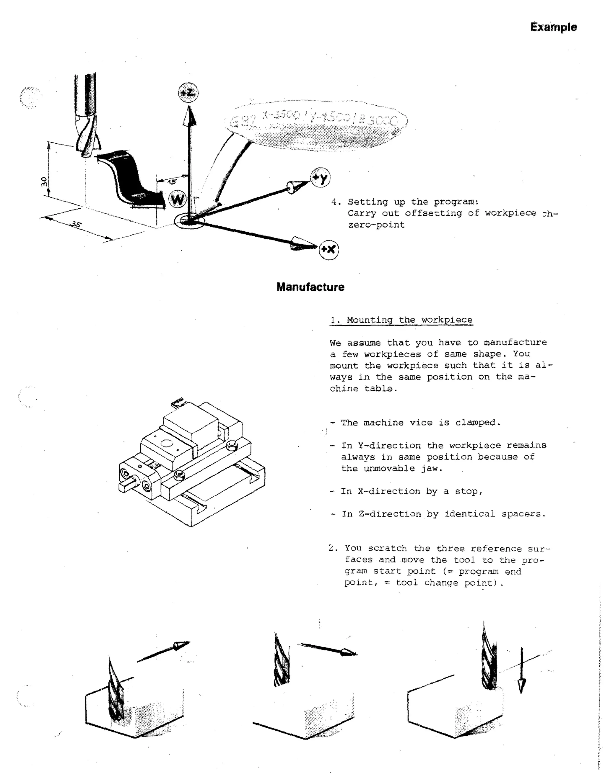 Example

4. Setting up the program:
Carry out offsetting of workpiece 2 hzero-point

Manufacture
1. Mounting the workpiece

We assume that you have to manufacture
a few workpieces of same shape. You
mount the workpiece such that it is always in the same position on the ma chine table.
- The machine vice is clamped.
- In Y-- direction the workpiece remains
always in same position because of
the unmovable jaw.
- In X-direction by a stop,
- In 2-direction by identical spacers.
2. You scratch the three reference surfaces and move the tool to the program start point (= program end

point, = tool change point).

 