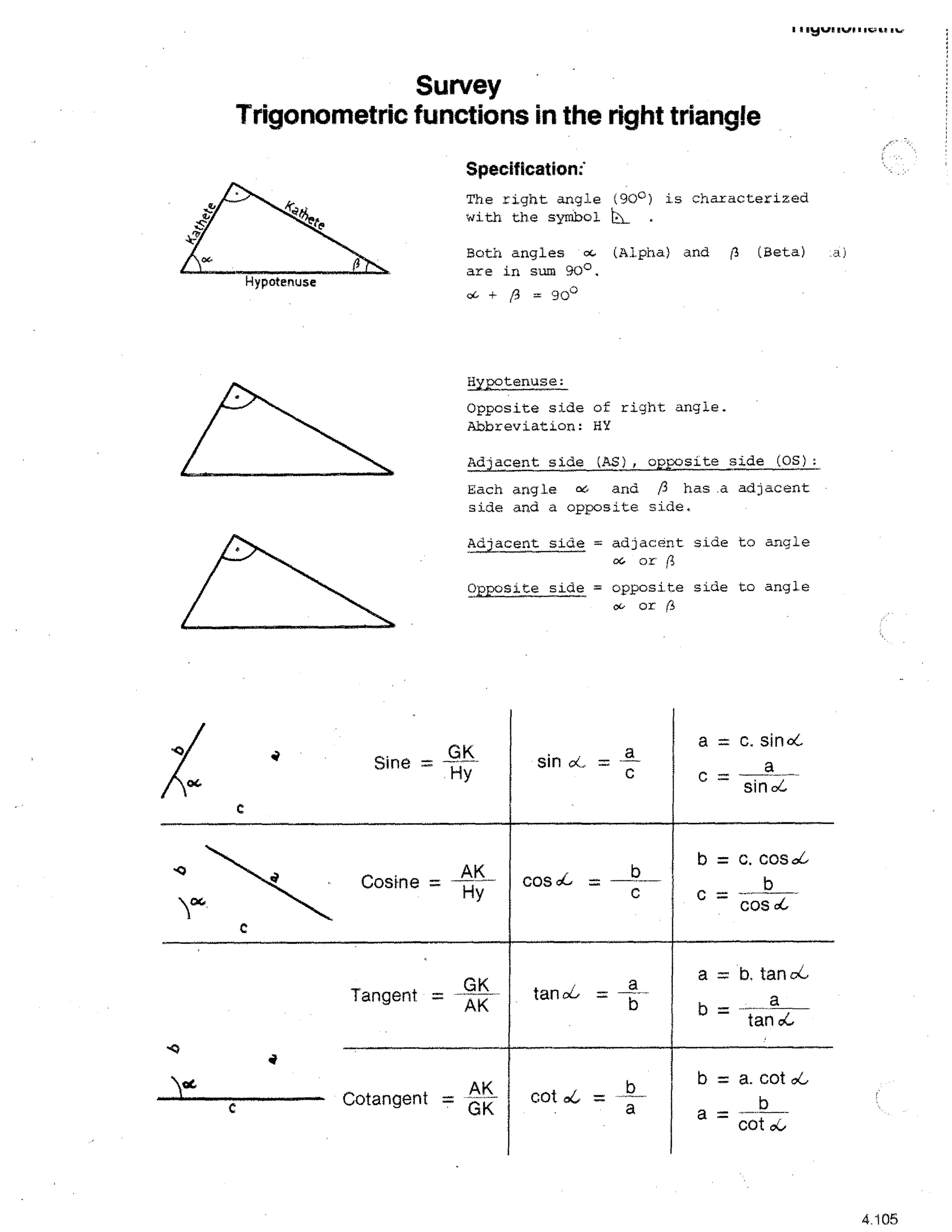 1 i IVY" 14J1.111,G,II

Survey
Trigonometric functions in the right triangle
Specification:
The right angle (90°) is characterized
with the symbol

L.

Both angles oe, (Alpha) and ( (Beta)
are in sum 90°.

Hypotenuse

cc,

/3 =

a)

3o°

Hypotenuse:
Opposite side of right angle.
Abbreviation: BY
Adjacent side (AS), opposite side (OS):
Each angle ae, and /3 has .a adjacent
side and a opposite side.
Adjacent side = adjacent side to angle
oc., or (1
Opposite side = opposite side to angle
or (3

GK
Sine = —
Hy

Cosine

a = c. sindsin

ck

=

a
--

C

a

c= .
sin

04.

b = c. cosct

AK
Hy

cos 4 –

GK
AK

tan al-,

C

cos c4,

C

Tangent –

a = b. tan
b–

04..•

a

tan 4

-14

Cotangent =

AK
—

GK

cot

b = a. cot
04,

=

a

a–

cot

0C.,

oc.,

4.105

 