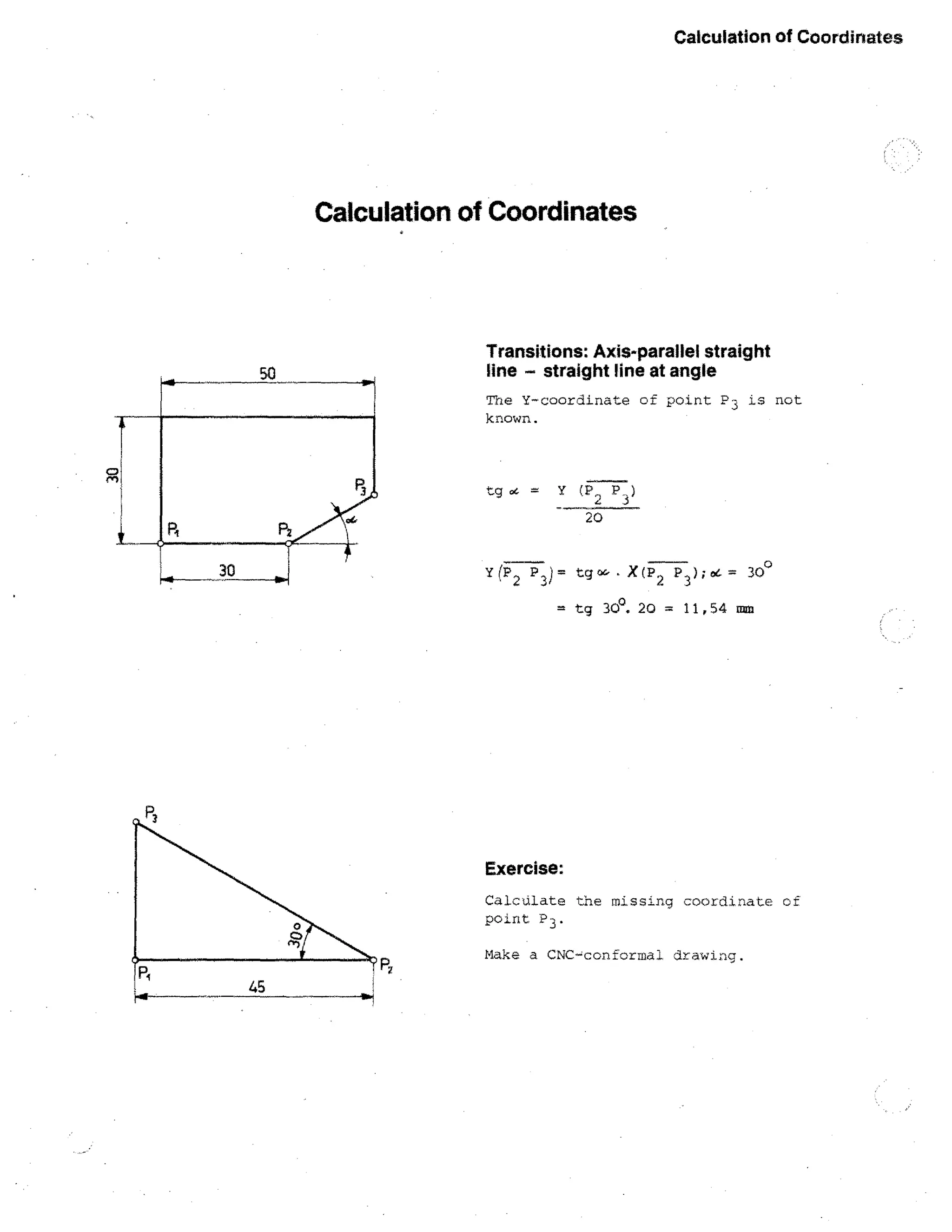 Calculation of Coordinates

Calculation of Coordinates

Transitions: Axis-parallel straight
line — straight fine at angle
The Y-coordinate of point P 3 is not
known.

tg oc = Y (P P )
2 3)
3
20

'1 (P 2 P 3) = t"tg

•

X(P 2 P 3" e4 30°

300. 20 =

11,54 mm

Exercise:
Calculate the missing coordinate of
point P3.
Make a CNC-, conformal drawing.

 