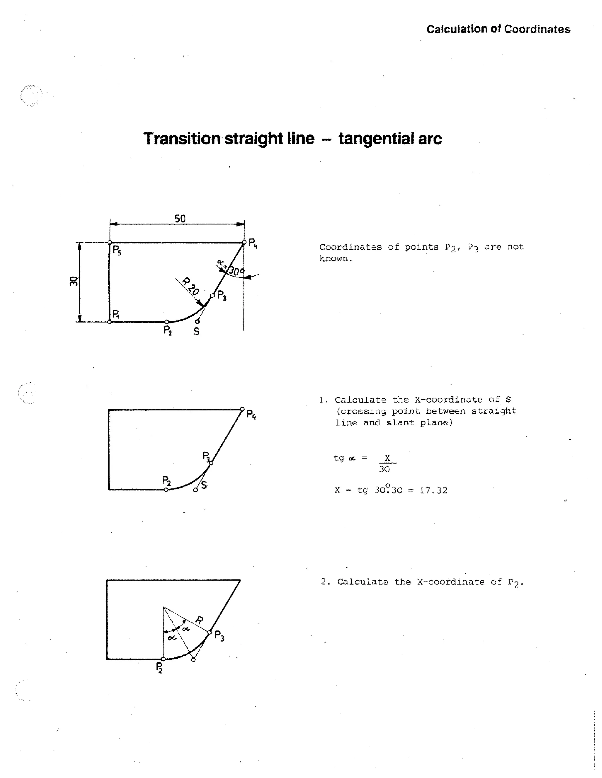 Calculation of Coordinates

Transition straight line - tangential arc

Coordinates of points P 2 , P 1 are not
known.

1. Calculate the X-coordinate of S
(crossing point between straight
line and slant plane)

tg tAr =

X
30

X = tg 30?30 = 17.32

2. Calculate the X-coordinate of P2.

 