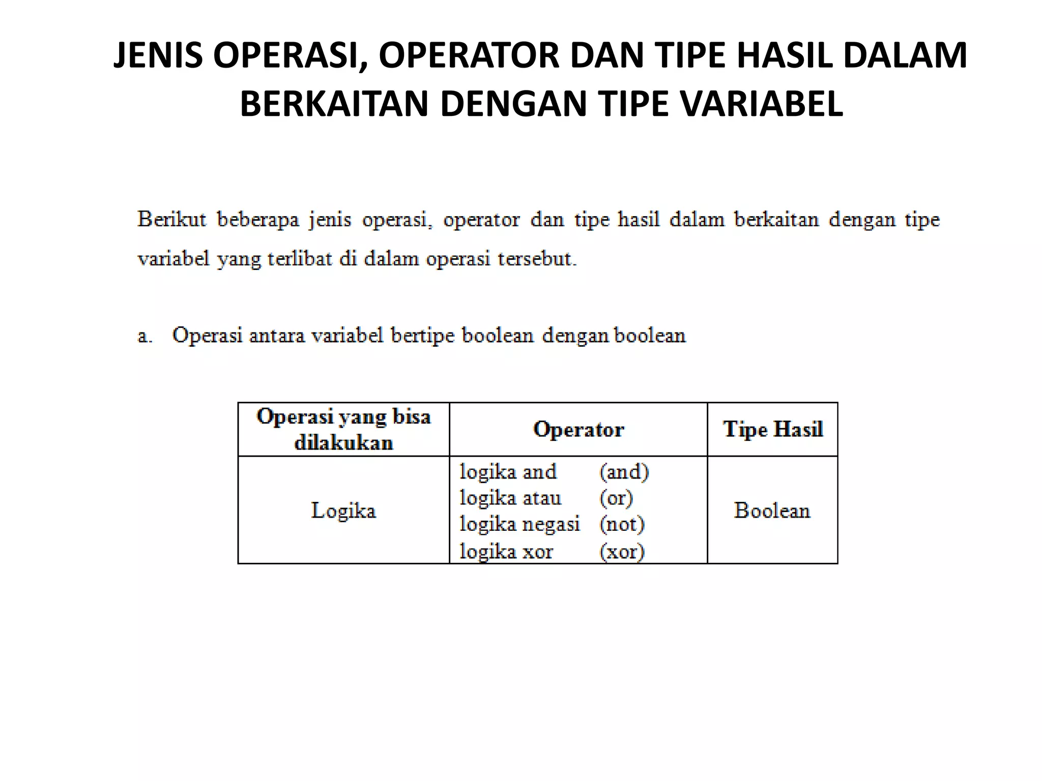 JENIS OPERASI, OPERATOR DAN TIPE HASIL DALAM
BERKAITAN DENGAN TIPE VARIABEL
 