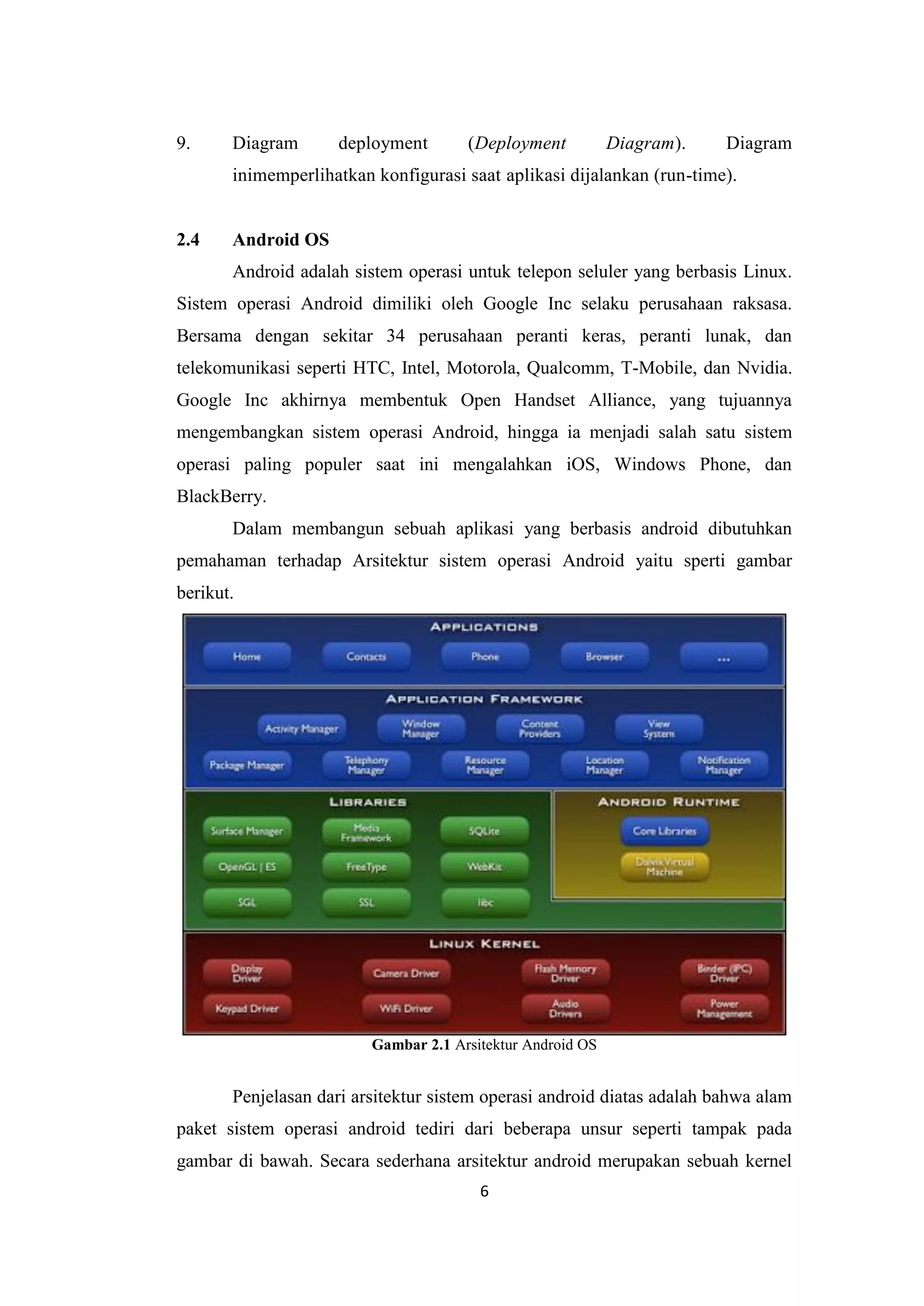 6
9. Diagram deployment (Deployment Diagram). Diagram
inimemperlihatkan konfigurasi saat aplikasi dijalankan (run-time).
2.4 Android OS
Android adalah sistem operasi untuk telepon seluler yang berbasis Linux.
Sistem operasi Android dimiliki oleh Google Inc selaku perusahaan raksasa.
Bersama dengan sekitar 34 perusahaan peranti keras, peranti lunak, dan
telekomunikasi seperti HTC, Intel, Motorola, Qualcomm, T-Mobile, dan Nvidia.
Google Inc akhirnya membentuk Open Handset Alliance, yang tujuannya
mengembangkan sistem operasi Android, hingga ia menjadi salah satu sistem
operasi paling populer saat ini mengalahkan iOS, Windows Phone, dan
BlackBerry.
Dalam membangun sebuah aplikasi yang berbasis android dibutuhkan
pemahaman terhadap Arsitektur sistem operasi Android yaitu sperti gambar
berikut.
Gambar 2.1 Arsitektur Android OS
Penjelasan dari arsitektur sistem operasi android diatas adalah bahwa alam
paket sistem operasi android tediri dari beberapa unsur seperti tampak pada
gambar di bawah. Secara sederhana arsitektur android merupakan sebuah kernel
 