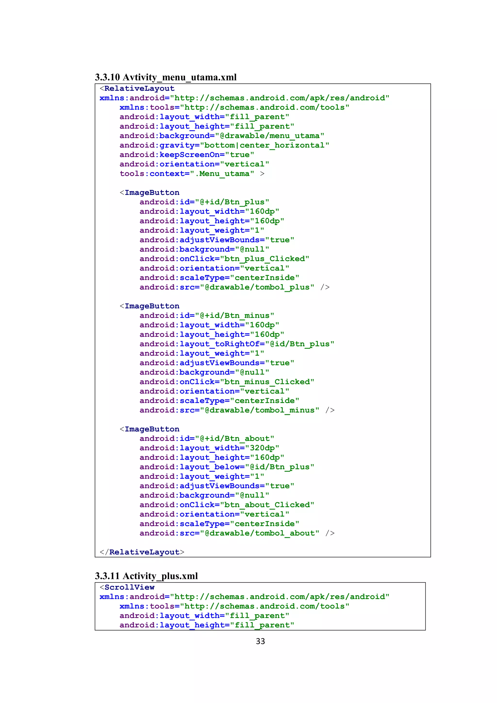 33
3.3.10 Avtivity_menu_utama.xml
<RelativeLayout
xmlns:android="http://schemas.android.com/apk/res/android"
xmlns:tools="http://schemas.android.com/tools"
android:layout_width="fill_parent"
android:layout_height="fill_parent"
android:background="@drawable/menu_utama"
android:gravity="bottom|center_horizontal"
android:keepScreenOn="true"
android:orientation="vertical"
tools:context=".Menu_utama" >
<ImageButton
android:id="@+id/Btn_plus"
android:layout_width="160dp"
android:layout_height="160dp"
android:layout_weight="1"
android:adjustViewBounds="true"
android:background="@null"
android:onClick="btn_plus_Clicked"
android:orientation="vertical"
android:scaleType="centerInside"
android:src="@drawable/tombol_plus" />
<ImageButton
android:id="@+id/Btn_minus"
android:layout_width="160dp"
android:layout_height="160dp"
android:layout_toRightOf="@id/Btn_plus"
android:layout_weight="1"
android:adjustViewBounds="true"
android:background="@null"
android:onClick="btn_minus_Clicked"
android:orientation="vertical"
android:scaleType="centerInside"
android:src="@drawable/tombol_minus" />
<ImageButton
android:id="@+id/Btn_about"
android:layout_width="320dp"
android:layout_height="160dp"
android:layout_below="@id/Btn_plus"
android:layout_weight="1"
android:adjustViewBounds="true"
android:background="@null"
android:onClick="btn_about_Clicked"
android:orientation="vertical"
android:scaleType="centerInside"
android:src="@drawable/tombol_about" />
</RelativeLayout>
3.3.11 Activity_plus.xml
<ScrollView
xmlns:android="http://schemas.android.com/apk/res/android"
xmlns:tools="http://schemas.android.com/tools"
android:layout_width="fill_parent"
android:layout_height="fill_parent"
 