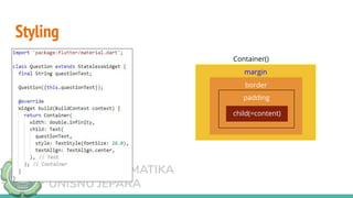 TEKNIK INFORMATIKA
UNISNU JEPARA
Styling
margin
border
padding
Container()
child(=content)
 