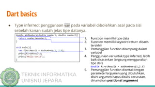 TEKNIK INFORMATIKA
UNISNU JEPARA
Dart basics
● Type inferred: penggunaan var pada variabel dibolehkan asal pada sisi
sebelah kanan sudah jelas tipe datanya.
1. Function memiliki tipe data
2. Function memiliki keyword return dibaris
terakhir
3. Pemanggilan function ditampung dalam
variabel
4. Penggunaan var untuk type inferred, lebih
baik disarankan langsung menggunakan
tipe data
double firstResult = addNumbers(1,2.6)
5. Pemanggilan function disertai dengan
parameter/argumen yang dibutuhkan,
disini argumen harus ditulis berurutan,
dinamakan positional argument
 