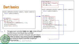 TEKNIK INFORMATIKA
UNISNU JEPARA
Dart basics
1. Penggunaan variabel name dan age, tidak eﬁsien
karena harus membuat dua variabel
2. Dikelompokkan sendiri menjadi sebuah object
3. Variable di dalam class biasa disebut property
4. Setiap instance object memiliki scopenya
masing-masing
 