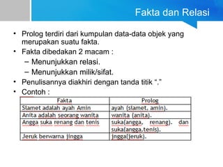 Fakta dan Relasi
• Prolog terdiri dari kumpulan data-data objek yang
merupakan suatu fakta.
• Fakta dibedakan 2 macam :
– Menunjukkan relasi.
– Menunjukkan milik/sifat.
• Penulisannya diakhiri dengan tanda titik “.”
• Contoh :
 