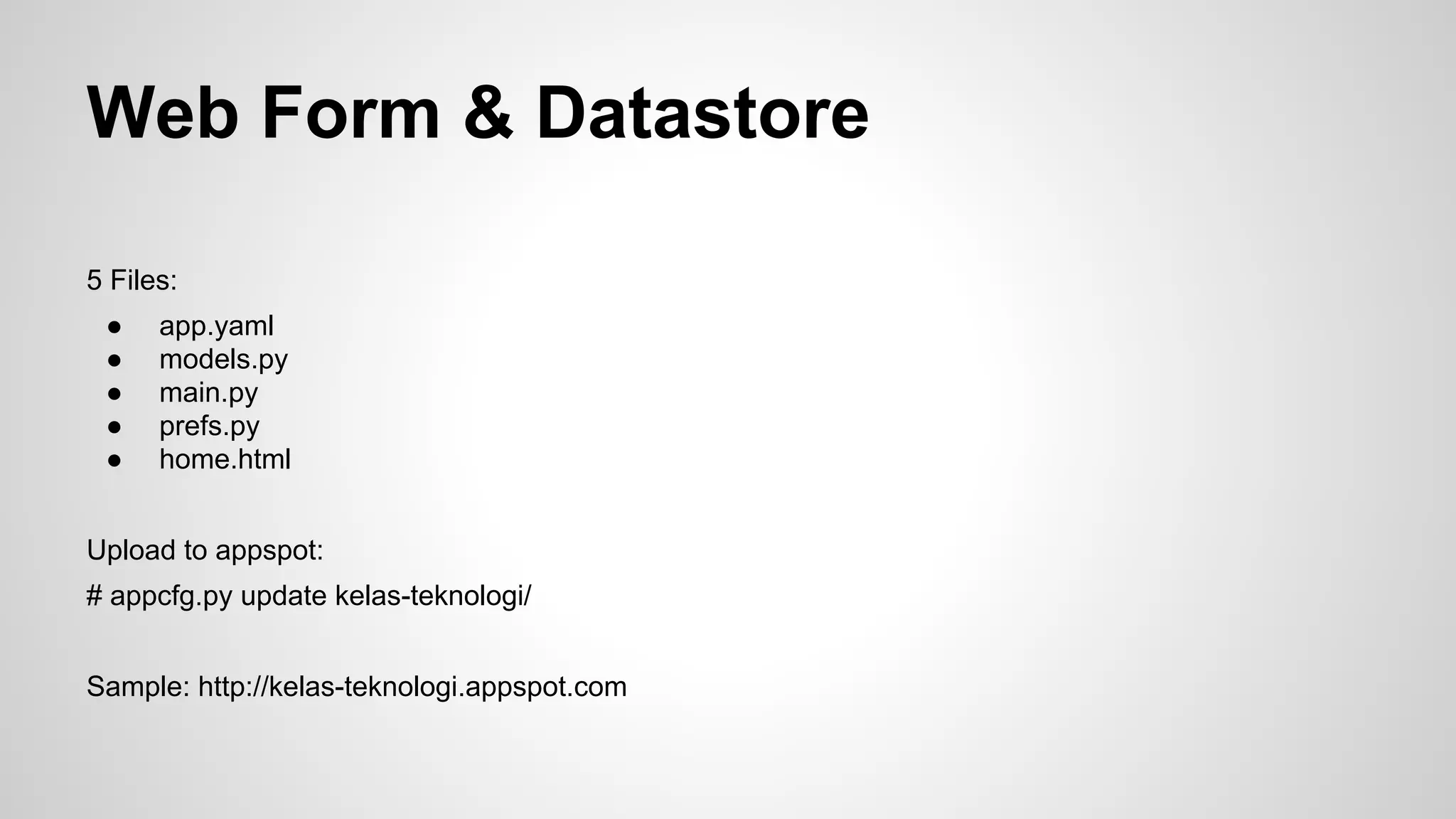 home.html 
<html><head><title>The Time Is...</title></head> 
<body> 
{% if user %} 
<p> 
Welcome, <strong>{{ user.email() }}</strong>! 
You can <a href="{{ logout_url }}">sign out</a>. 
</p> 
{% else %} 
<p> Welcome! 
<a href="{{ login_url }}">Sign in or register</a> to customize. </p> 
{% endif %} 
<p>The time is: {{ current_time }}</p> 
</body></html> 
 