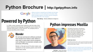 Python 
➔ High-level language 
➔ Interactive mode & Scripting mode 
➔ Online interpreter 
◆ http://www.skulpt.org/ 
◆ http://pythontutor.com/ 
➔ case sensitive 
 