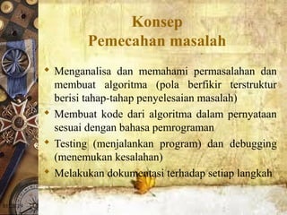 01/20/19
Konsep
Pemecahan masalah
 Menganalisa dan memahami permasalahan dan
membuat algoritma (pola berfikir terstruktur
berisi tahap-tahap penyelesaian masalah)
 Membuat kode dari algoritma dalam pernyataan
sesuai dengan bahasa pemrograman
 Testing (menjalankan program) dan debugging
(menemukan kesalahan)
 Melakukan dokumentasi terhadap setiap langkah
 