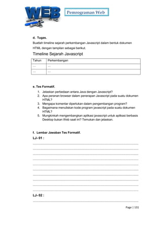 Pemrograman Web
Page | 131
d. Tugas.
Buatlah timeline sejarah perkembangan Javascript dalam bentuk dokumen
HTML dengan tampilan sebagai berikut.
Timeline Sejarah Javascript
Tahun Perkembangan
… …
… …
e. Tes Formatif.
1. Jelaskan perbedaan antara Java dengan Javascript?
2. Apa peranan browser dalam penerapan Javascript pada suatu dokumen
HTML?
3. Mengapa komentar diperlukan dalam pengembangan program?
4. Bagaimana menuliskan kode program javascript pada suatu dokumen
HTML?
5. Mungkinkah mengembangkan aplikasi javascript untuk aplikasi berbasis
Desktop bukan Web saat ini? Temukan dan jelaskan.
f. Lembar Jawaban Tes Formatif.
LJ- 01 :
...............................................................................................................................
...............................................................................................................................
...............................................................................................................................
...............................................................................................................................
...............................................................................................................................
...............................................................................................................................
...............................................................................................................................
...............................................................................................................................
...............................................................................................................................
...............................................................................................................................
LJ- 02 :
...............................................................................................................................
 