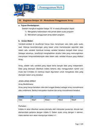 Pemrograman Web
Page | 149
10. Kegiatan Belajar 10 : Memahami Penggunaan Array
a. Tujuan Pembelajaran.
Setelah mengikuti kegiatan belajar 10 ini siswa diharapkan dapat :
1) Mengetahui keberadaan nilai jamak dalam suatu program
2) Memahami penggunaan array dalam program
b. Uraian Materi.
Variabel-variabel di JavaScript hanya bisa menyimpan satu data pada suatu
saat. Adanya kecenderungan yang besar untuk memanipulasi sejumlah data
dalam satu variabel membuat konsep variabel tersebut menjadi tidak cukup.
Sebagai solusinya, JavaScript menghadirkan struktur data yang memungkinkan
menyimpan himpunan/kelompok data dalam satu variabel khusus yang disebut
Array.
Array, adalah satu variabel yang dapat berisi banyak data yang independent.
Data yang disimpan diberikan indeks tertentu atau menggunakan nomer urut
mulai dari 0.Indeks ini nantinya dapat digunakan untuk mengakses data yang
disimpan dalam array tersebut.
JENIS-JENIS ARRAY
Array Multidimensi
Array yang hanya berisikan nilai-nilai tunggal disebut sebagai array monodimensi
atau unidimensi. Berikut merupakan ilustrasi dari array monodimensi tersebut.
Indeks 0 1 2 3
Data Nilai1 Nilai2 Nilai3 Nilai4
Perhatian :
Indeks ini akan diberikan secara otomatis oleh interpreter javascript, dimulai dari
elemen/data pertama dengan indeks 0. Dalam suatu array dengan n elemen,
maka elemen ke-n akan mempunyai indeks n-1.
 