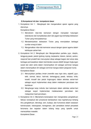Pemrograman Web
Page | 3
E.Kompetensi inti dan kompetensi dasar
1. Kompetensi Inti 1 : Menghayati dan mengamalkan ajaran agama yang
dianutnya.
Kompetensi Dasar :
1.1. Memahami nilai-nilai keimanan dengan menyadari hubungan
keteraturan dan kompleksitas alam dan jagad raya terhadap kebesaran
Tuhan yang menciptakannya
1.2. Mendeskripsikan kebesaran Tuhan yang menciptakan berbagai
sumber energi di alam
1.3. Mengamalkan nilai-nilai keimanan sesuai dengan ajaran agama dalam
kehidupan sehari-hari.
2. Kompetensi Inti 2: Menghayati dan Mengamalkan perilaku jujur, disiplin,
tanggung jawab, peduli (gotong royong, kerjasama, toleran, damai), santun,
responsif dan proaktif dan menunjukan sikap sebagai bagian dari solusi atas
berbagai permasalahan dalam berinteraksi secara efektif dengan lingkungan
sosial dan alam serta dalam menempatkan diri sebagai cerminan bangsa
dalam menempatkan diri sebagai cerminan bangsa dalam pergaulan dunia.
Kompetensi Dasar:
2.1. Menunjukkan perilaku ilmiah (memiliki rasa ingin tahu; objektif; jujur;
teliti; cermat; tekun; hati-hati; bertanggung jawab; terbuka; kritis;
kreatif; inovatif dan peduli lingkungan) dalam aktivitas sehari-hari
sebagai wujud implementasi sikap dalam melakukan percobaan dan
berdiskusi
2.2. Menghargai kerja individu dan kelompok dalam aktivitas sehari-hari
sebagai wujud implementasi melaksanakan percobaan dan
melaporkan hasil percobaan.
3. Kompetensi Inti 3: Memahami,menerapkan dan menganalisis pengetahuan
faktual, konseptual dan prosedural berdasarkan rasa ingintahunya tentang
ilmu pengetahuan, teknologi, seni, budaya, dan humaniora dalam wawasan
kemanusiaan, kebangsaan, kenegaraan, dan peradaban terkait penyebab
fenomena dan kejadian dalam bidang kerja yang spesifik untuk
memecahkan masalah.
Kompetensi Dasar:
 