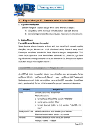 Pemrograman Web
Page | 213
17. Kegiatan Belajar 17 : Format Dinamis Halaman Web
a. Tujuan Pembelajaran.
Setelah mengikuti kegiatan belajar 17 ini siswa diharapkan dapat :
1) Mengetahui teknik membuat format halaman web lebih dinamis
2) Memahami penerapan teknik pembuatan halaman web klien dinamis
b. Uraian Materi.
Format Dinamis Dengan Javascript
Selain karena adanya interaksi aplikasi web juga dapat lebih menarik apabila
dilengkap dengan kemampuan untuk visualisasi setiap interaksi yang terjadi.
Penerapan visualisasi interaksi ini dapat dilakukan dengan menggunakan CSS.
Selain dapat digunakan untuk memodifikasi elemen HTML, Javascript juga dapat
digunakan untuk mengubah style dari suatu elemen HTML. Pengubahan style ini
dilakukan dengan menerapkan metode :
obyectHTML.style.properti = “style baru”;
obyekHTML disini merupakan obyek yang dihasilkan dari pemanggilan fungsi
getElementById(), getElementsByName() atau getElementsByTagName().
Sedangkan properti disini menunjukkan nama style CSS yang akan dimodifikasi
dari obyek tersebut. Berikut ini beberapa daftar properti yang dapat digunakan.
Properti Penjelasan
color Menentukan warna dari elemen.
Alternatif nilainya:
a. format hexa (#XXXXXX), contoh: “#121212”
b. nama warna, contoh: “blue”
c. format desimal (rgb(r, g, b)), contoh: “rgb(100, 20,
200)”
backgroundColor Menentukan warna latar belakang dari elemen.
Alternatif nilainya sama seperti color diatas.
visibility Menentukan status visual dari suatu elemen.
Nilainya: “visible” / “hidden”
 