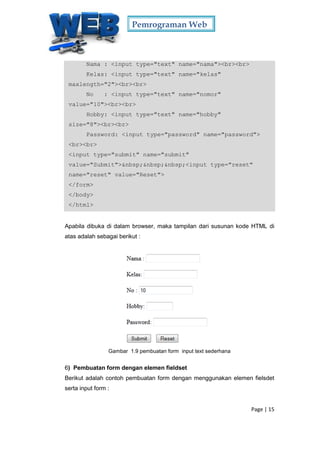 Pemrograman Web
Page | 15
Nama : <input type="text" name="nama"><br><br>
Kelas: <input type="text" name="kelas"
maxlength="2"><br><br>
No : <input type="text" name="nomor"
value="10"><br><br>
Hobby: <input type="text" name="hobby"
size="8"><br><br>
Password: <input type="password" name="password">
<br><br>
<input type="submit" name="submit"
value="Submit">&nbsp;&nbsp;&nbsp;<input type="reset"
name="reset" value="Reset">
</form>
</body>
</html>
Apabila dibuka di dalam browser, maka tampilan dari susunan kode HTML di
atas adalah sebagai berikut :
Gambar 1.9 pembuatan form input text sederhana
6) Pembuatan form dengan elemen fieldset
Berikut adalah contoh pembuatan form dengan menggunakan elemen fielsdet
serta input form :
 