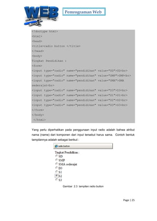 Pemrograman Web
Page | 25
<!doctype html>
<html>
<head>
<title>radio button </title>
</head>
<body>
Tingkat Pendidikan :
<form>
<input type="radio" name="pendidikan" value="SD">SD<br>
<input type="radio" name="pendidikan" value="SMP">SMP<br>
<input type="radio" name="pendidikan" value="SMA">SMA
sederajat<br>
<input type="radio" name="pendidikan" value="D3">D3<br>
<input type="radio" name="pendidikan" value="S1">S1<br>
<input type="radio" name="pendidikan" value="S2">S2<br>
<input type="radio" name="pendidikan" value="S3">S3<br>
</form>
</body>
</html>
Yang perlu diperhatikan pada penggunaan input radio adalah bahwa atribut
nama (name) dari komponen dari input tersebut harus sama. Contoh bentuk
tampilannya adalah sebagai berikut :
Gambar 2.3 tampilan radio button
 