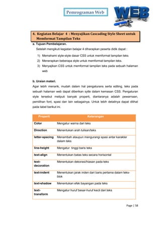 Pemrograman Web
Page | 58
4. Kegiatan Belajar 4 : Menyajikan Cascading Style Sheet untuk
Memformat Tampilan Teks
a. Tujuan Pembelajaran.
Setelah mengikuti kegiatan belajar 4 diharapkan peserta didik dapat :
1) Memahami style-style dasar CSS untuk memformat tampilan teks
2) Menerapkan beberapa style untuk memformat tampilan teks.
3) Menyajikan CSS untuk memformat tampilan teks pada sebuah halaman
web
b. Uraian materi.
Agar lebih menarik, mudah dalam hal pengaturans serta editing, teks pada
sebuah halaman web dapat diberikan sytle dalam kemasan CSS. Pengaturan
style tersebut meliputi banyak properti, diantaranya adalah pewarnaan,
pemilihan font, spasi dan lain sebagainya. Untuk lebih detailnya dapat dilihat
pada tabel berikut ini.
Properti Keterangan
Color Mengatur warna dari teks
Direction Menentukan arah tulisan/teks
letter-spacing Menambah ataupun mengurangi spasi antar karakter
dalam teks
line-height Mengatur tinggi baris teks
text-align Menentukan batas teks secara horisontal
text-
decoration
Menentukan dekorasi/hiasan pada teks
text-indent Menentukan jarak inden dari baris pertama dalam teks-
blok
text-shadow Menentukan efek bayangan pada teks
text-
transform
Mengatur huruf besar-huruf kecil dari teks
 