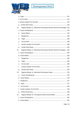 Pemrograman Web
Page | vii
d. Tugas. ................................................................................................................. 151
e. Tes Formatif. ....................................................................................................... 152
f. Lembar Jawaban Tes Formatif............................................................................. 152
g. Lembar Kerja Siswa........................................................................................... 154
11. Kegiatan Belajar 11 : Memahami Penerapan Struktur Kontrol Percabangan 155
a. Tujuan Pembelajaran. ........................................................................................ 155
b. Uraian Materi.................................................................................................. 155
c. Rangkuman. .................................................................................................... 160
d. Tugas............................................................................................................... 160
e. Tes Formatif. ................................................................................................... 160
f. Lembar Jawaban Tes Formatif. ....................................................................... 160
g. Lembar Kerja Siswa......................................................................................... 162
12. Kegiatan Belajar 12 : Memahami Penerapan Struktur Kontrol Perulangan ... 164
a. Tujuan Pembelajaran. ........................................................................................ 164
b. Uraian Materi..................................................................................................... 164
c. Rangkuman. .................................................................................................... 166
d. Tugas............................................................................................................... 166
e. Tes Formatif. ................................................................................................... 166
f. Lembar Jawaban Tes Formatif. ....................................................................... 167
g. Lembar Kerja Siswa......................................................................................... 169
13. Kegiatan Belajar 13 : Memahami Penerapan Fungsi ...................................... 170
a. Tujuan Pembelajaran...................................................................................... 170
b. Uraian Materi.................................................................................................... 170
c. Rangkuman........................................................................................................ 177
d. Tugas. ................................................................................................................ 177
e. Tes Formatif....................................................................................................... 178
f. Lembar Jawaban Tes Formatif. .......................................................................... 178
g. Lembar Kerja Siswa........................................................................................... 180
14. Kegiatan Belajar 14 : Pemrograman Berorientasi Obyek ............................... 181
a. Tujuan Pembelajaran. ........................................................................................ 181
b. Uraian Materi..................................................................................................... 181
 
