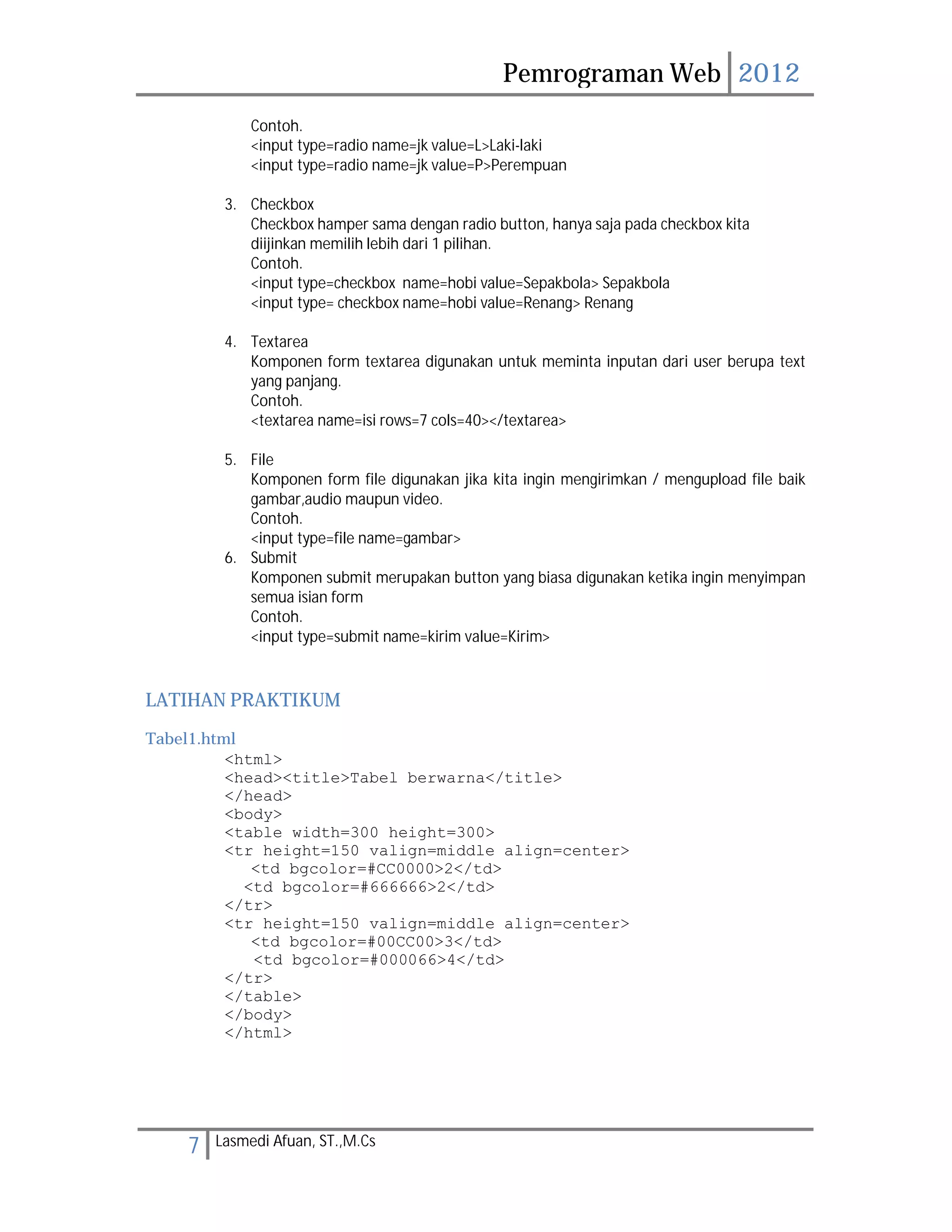 Pemrograman Web 2012 
Contoh. 
<input type=radio name=jk value=L>Laki-laki 
<input type=radio name=jk value=P>Perempuan 
3. Checkbox 
Checkbox hamper sama dengan radio button, hanya saja pada checkbox kita 
diijinkan memilih lebih dari 1 pilihan. 
Contoh. 
<input type=checkbox name=hobi value=Sepakbola> Sepakbola 
<input type= checkbox name=hobi value=Renang> Renang 
4. Textarea 
Komponen form textarea digunakan untuk meminta inputan dari user berupa text 
yang panjang. 
Contoh. 
<textarea name=isi rows=7 cols=40></textarea> 
5. File 
Komponen form file digunakan jika kita ingin mengirimkan / mengupload file baik 
gambar,audio maupun video. 
Contoh. 
<input type=file name=gambar> 
6. Submit 
Komponen submit merupakan button yang biasa digunakan ketika ingin menyimpan 
semua isian form 
Contoh. 
<input type=submit name=kirim value=Kirim> 
LATIHAN PRAKTIKUM 
Tabel1.html 
<html> 
<head><title>Tabel berwarna</title> 
</head> 
<body> 
<table width=300 height=300> 
<tr height=150 valign=middle align=center> 
<td bgcolor=#CC0000>2</td> 
<td bgcolor=#666666>2</td> 
</tr> 
<tr height=150 valign=middle align=center> 
<td bgcolor=#00CC00>3</td> 
<td bgcolor=#000066>4</td> 
</tr> 
</table> 
</body> 
</html> 
7 Lasmedi Afuan, ST.,M.Cs 
 