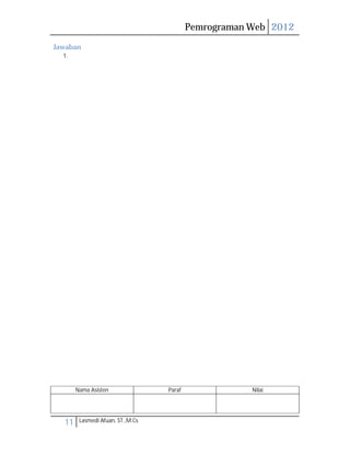 Pemrograman Web 2012 
Jawaban 
1. 
Nama Asisten Paraf Nilai 
11 Lasmedi Afuan, ST.,M.Cs 
 