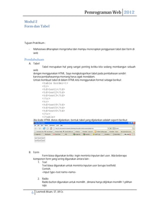 Pemrograman Web 2012 
Modul 2 
Form dan Tabel 
Tujuan Praktikum : 
- Mahasiswa diharapkan mengetahui dan mampu menerapkan penggunaan tabel dan form di 
web 
Pendahuluan 
A. Tabel 
Tabel merupakan hal yang sangat penting ketika kita sedang membangun sebuah 
web 
dengan menggunakan HTML. Saya mengkategorikan tabel pada pembahasan sendiri 
karena pembahasannya memang harus agak mendalam. 
Untuk membuat tabel di dalam HTML kita menggunakan format sebagai berikut: 
<table border=1> 
<tr> 
<td>test1</td> 
<td>test2</td> 
<td>test3</td> 
</tr> 
<tr> 
<td>test4</td> 
<td>test5</td> 
<td>test6</td> 
</tr> 
</table> 
Jika kode HTML diatas dijalankan, bentuk tabel yang dijalankan adalah seperti berikut: 
B. Form 
Form biasa digunakan ketika ingin meminta inputan dari user. Ada beberapa 
komponen form yang sering digunakan antara lain : 
1. Text 
Text biasa digunakan untuk meminta inputan user berupa textfield. 
Contoh. 
<input type=text name=nama> 
2. Radio 
Radio button digunakan untuk memilih , dimana hanya diijinkan memilih 1 pilihan 
saja. 
6 Lasmedi Afuan, ST.,M.Cs 
 