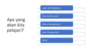Apa yang
akan kita
pelajari?
Login dan Registrasi
User Access Level
Menu Management
User Management
CRUD
 