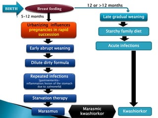 Early abrupt weaning
Dilute dirty formula
Repeated infections
[gastroenteritis-
inflammation/lesion of the stomach
due to salmonella]
Starvation therapy
Marasmus
BIRTH Breast feeding
Urbanizing influences
pregnancies in rapid
succession
Late gradual weaning
Starchy family diet
Acute infections
Kwashiorkor
Marasmic
kwashiorkor
12 or >12 months
 5-12 months
 