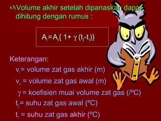 Volume akhir setelah dipanaskan dapatVolume akhir setelah dipanaskan dapat
dihitung dengan rumus :dihitung dengan rumus :
AAtt ==AAoo{ 1+{ 1+ γγ (t(t22-t-t11)})}
Keterangan:
vvtt = volume zat gas akhir (m)= volume zat gas akhir (m)
vvoo = volume zat gas awal (m)= volume zat gas awal (m)
γγ = koefisien muai volume zat gas (/ºC)= koefisien muai volume zat gas (/ºC)
tt22 = suhu zat gas awal (ºC)= suhu zat gas awal (ºC)
tt11 == suhu zat gaszat gas akhir (ºC)ºC)
 