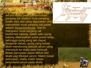 `1 `
MACAM-MACAMPEMUAIANZAT PADAT
1. Muai Panjang
Pemuaian yang hanya berpengaruh
secara nyata pada pertambahan
panjang zat disebut muai panjang.
Salah satu alat yang digunakan untuk
menyelidiki muai panjang zat padat
adalah Musschenbroek. Alat ini
mengukur muai panjang zat
berbentuk batang. Salah satu ujung
batang ditempatkan pada posisi tetap,
sehingga ujung yang lain dapat
bergerak bebas, ujung yang bebas
akan mendorong sebuah jarum yang
menunjuk ke skala saat memuai.
Besar pemuaian dapat dilihat dari
skala yag ditunjuk jarum. Makin besar
pemuaian, maka makin besar
perputaran jarum pada skala.
 