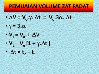 PEMUAIAN VOLUME ZAT PADAT
• V = Vo.. t = Vo.3. t
•  = 3.
• Vt = Vo + V
• Vt = Vo [1 + .t ]
• t = t2 – t1
 