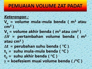 PEMUAIAN VOLUME ZAT PADAT
Keterangan :
Vo = volume mula-mula benda ( m3 atau
cm3 )
Vt = volume akhir benda ( m3 atau cm3 )
V = pertambahan volume benda ( m3
atau cm3 )
t = perubahan suhu benda ( C )
t1 = suhu mula-mula benda ( C )
t2 = suhu akhir benda ( C )
 = koefesiem muai volume benda ( /C )
 