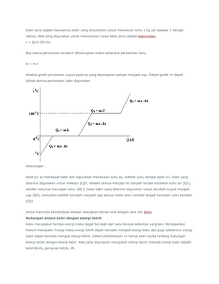 Kalor jenis adalah banyaknya kalor yang dibutuhkan untuk menaikkan suhu 1 kg zat sebesar 1 derajat 
celcius. Alat yang digunakan untuk menentukan besar kalor jenis adalah kalorimeter. 
c = Q/m.(t2-t1) 
Bila kedua persamaan tersebut dihubungkan maka terbentuk persamaan baru 
H = m.c 
Analisis grafik perubahan wujud pada es yang dipanaskan sampai menjadi uap. Dalam grafik ini dapat 
dilihat semua persamaan kalor digunakan. 
Keterangan : 
Pada Q1 es mendapat kalor dan digunakan menaikkan suhu es, setelah suhu sampai pada 0 C kalor yang 
diterima digunakan untuk melebur (Q2), setelah semua menjadi air barulah terjadi kenaikan suhu air (Q3), 
setelah suhunya mencapai suhu 100 C maka kalor yang diterima digunakan untuk berubah wujud menjadi 
uap (Q4), kemudian setelah berubah menjadi uap semua maka akan kembali terjadi kenaikan suhu kembali 
(Q5) 
Untuk mencoba kemampuan silakan kkerjakan latihan soal dengan cara klik disini. 
Hubungan antara kalor dengan energi listrik 
Kalor merupakan bentuk energi maka dapat berubah dari satu bentuk kebentuk yang lain. Berdasarkan 
Hukum Kekekalan Energi maka energi listrik dapat berubah menjadi energi kalor dan juga sebaliknya energi 
kalor dapat berubah menjadi energi listrik. Dalam pembahasan ini hanya akan diulas tentang hubungan 
energi listrik dengan energi kalor. Alat yang digunakan mengubah energi listrik menjadi energi kalor adalah 
ketel listrik, pemanas listrik, dll. 
 