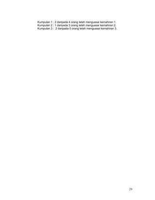 29
Kumpulan 1 : 2 daripada 4 orang telah menguasai kemahiran 1.
Kumpulan 2 : 1 daripada 3 orang telah menguasai kemahiran 2.
Kumpulan 3 : 2 daripada 5 orang telah menguasai kemahiran 3.
 