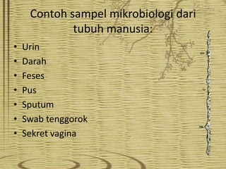 Contoh sampel mikrobiologi dari
tubuh manusia:
•
•
•
•
•
•
•

Urin
Darah
Feses
Pus
Sputum
Swab tenggorok
Sekret vagina

 