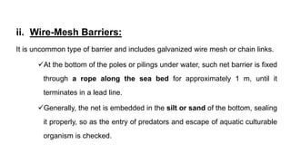 ii. Wire-Mesh Barriers:
It is uncommon type of barrier and includes galvanized wire mesh or chain links.
At the bottom of the poles or pilings under water, such net barrier is fixed
through a rope along the sea bed for approximately 1 m, until it
terminates in a lead line.
Generally, the net is embedded in the silt or sand of the bottom, sealing
it properly, so as the entry of predators and escape of aquatic culturable
organism is checked.
 