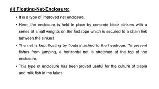 (II) Floating-Net-Enclosure:
• It is a type of improved net enclosure.
• Here, the enclosure is held in place by concrete block sinkers with a
series of small weights on the foot rope which is secured to a chain link
between the sinkers.
• The net is kept floating by floats attached to the headrope. To prevent
fishes from jumping, a horizontal net is stretched at the top of the
enclosure.
• This type of enclosure has been proved useful for the culture of tilapia
and milk fish in the lakes
 