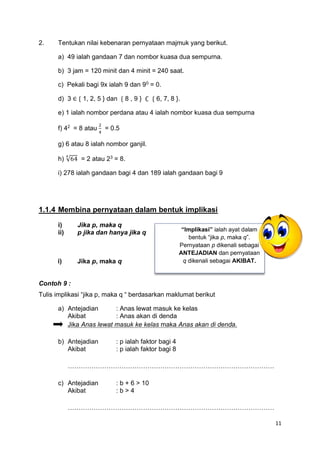 11
2. Tentukan nilai kebenaran pernyataan majmuk yang berikut.
a) 49 ialah gandaan 7 dan nombor kuasa dua sempurna.
b) 3 jam = 120 minit dan 4 minit = 240 saat.
c) Pekali bagi 9x ialah 9 dan 90
= 0.
d) 3 ∈ { 1, 2, 5 } dan { 8 , 9 } ∁ { 6, 7, 8 }.
e) 1 ialah nombor perdana atau 4 ialah nombor kuasa dua sempurna
f) 42
= 8 atau
2
4
= 0.5
g) 6 atau 8 ialah nombor ganjil.
h) √64
4
= 2 atau 23
= 8.
i) 278 ialah gandaan bagi 4 dan 189 ialah gandaan bagi 9
1.1.4 Membina pernyataan dalam bentuk implikasi
i) Jika p, maka q
ii) p jika dan hanya jika q
i) Jika p, maka q
Contoh 9 :
Tulis implikasi “jika p, maka q “ berdasarkan maklumat berikut
a) Antejadian : Anas lewat masuk ke kelas
Akibat : Anas akan di denda
Jika Anas lewat masuk ke kelas maka Anas akan di denda.
b) Antejadian : p ialah faktor bagi 4
Akibat : p ialah faktor bagi 8
……………………………………………………………………………………
c) Antejadian : b + 6 > 10
Akibat : b > 4
……………………………………………………………………………………
“Implikasi” ialah ayat dalam
bentuk “jika p, maka q”.
Pernyataan p dikenali sebagai
ANTEJADIAN dan pernyataan
q dikenali sebagai AKIBAT.
 