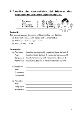 16
1.1.5 Membina dan membandingkan nilai kebenaran akas,
songsangan dan kontrapositif bagi suatu implikasi.
Contoh 12:
Tulis akas, songsangan dan kontrapositif bagi implikasi yang diberikan:
(a) Jika x ialah nombor positif, maka x lebih besar daripada 0
(b) Jika 𝑥² − 𝑦2
> 0 𝑎𝑡𝑎𝑢 (𝑥 + 𝑦)(𝑥 − 𝑦) > 0
(a) Jika x = 7 maka x +1 = 8
Penyelesaian:
(a) Pernyataan : Jika x ialah nombor positif, maka x lebih besar daripada 0.
Akas : Jika x lebih besar daripada 0, maka x ialah nombor positif.
Songsangan : Jika x bukan nombor positif, maka x kurang daripada 0.
Kontrapositif : Jika x kurang daripada 0, maka x bukan nombor positif.
(b) Pernyataan : __________________________________________________
Akas : __________________________________________________
Songsangan : __________________________________________________
Kontrapositif : __________________________________________________
(c) Pernyataan : __________________________________________________
Akas : __________________________________________________
Songsangan : __________________________________________________
Kontrapositif : __________________________________________________
Pernyataan : Jika p, maka q
Akas : Jika q, maka p
Songsangan : Jika ~p, maka ~q
Kontrapositif : Jika ~q, maka ~p
 