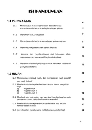 3
ISI KANDUNGAN
1.1 PERNYATAAN
1.1.1 Menerangkan maksud pernyataan dan seterusnya
menentukan nilai kebenaran bagi suatu pernyataan
1.1.2 Menafikan suatu pernyataan
1.1.3 Menentukan nilai kebenaran suatu pernyataan majmuk
1.1.4 Membina pernyataan dalam bentuk implikasi
1.1.5 Membina dan membandingkan nilai kebenaran akas,
songsangan dan kontrapositif bagi suatu implikasi
1.1.6 Menentukan contoh penyangkal untuk menafikan kebenaran
pernyataan tertentu
1.2 HUJAH
1.2.1 Menerangkan maksud hujah, dan membezakan hujak deduktif
dan hujah induktif
1.2.2 Membuat satu kesimpulan berdasarkan dua premis yang diberi
bagi
a) Hujah Bentuk I
b) Hujan Bentuk II
c) Hujah Bentuk III
1.2.4 Membuat satu kesimpulan bagi satu kes khas berdasarkan satu
pernyataan umum yang diberikan secara deduksi
1.2.5 Membuat satu kesimpulan umum berdasarkan pola turutan
nombor secara induksi
1.2.6 Menyelesaikan masalah yang melibatkan penaakulan logik
4
4
7
8
11
16
19
21
21
24
29
30
31
 