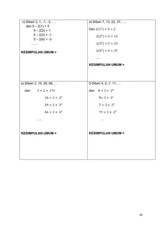 30
c) Diberi 3, 1, -1, -3, ….
dan 5 – 2(1) = 3
5 – 2(2) = 1
5 – 2(3) = -1
5 – 2(4) = -3
……
KESIMPULAN UMUM =
d) Diberi 7, 13, 23, 37, ….
Dan 2(12
) + 5 = 2
2(22
) + 5 = 13
2(32
) + 5 = 23
2(42
) + 5 = 37
....
KESIMPULAN UMUM =
e) Diberi 3, 10, 29, 66, …
dan 3 = 2 + 13
n
10 = 2 + 23
29 = 2 + 33
66 = 2 + 43
…..
KESIMPULAN UMUM =
f) Diberi 4, 5, 7, 11, …
dan 4 = 3 + 20
5= 3 + 21
7 = 3 + 22
11 = 3 + 23
…
KESIMPULAN UMUM =
 