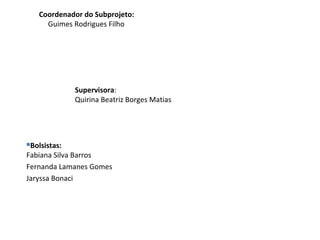 Supervisora:
Quirina Beatriz Borges Matias
Bolsistas:
Fabiana Silva Barros
Fernanda Lamanes Gomes
Jaryssa Bonaci
Coordenador do Subprojeto:
Guimes Rodrigues Filho
 