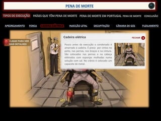 CADEIRA ELÉCTRICA
Pouco antes da execução o condenado é
amarrado á cadeira. É preso por cintos no
peito, nas pernas, nos braços e na cintura.
São colocados nas pernas e na cabeça
elétrodos com esponjas molhadas numa
solução com sal. No crânio é colocado um
capacete de metal.
 