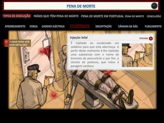 INJECÇÃO LETAL
É injetado ao condenado um
sedativo para que este adormeça. A
partir deste momento é-lhe injetado
uma substancia com o nome de
brometo de pancurônio e por fim, o
cloreto de potássio, que induz á
paragem cardíaca.
 