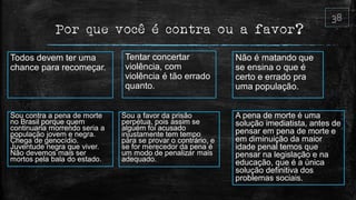 Por que você é contra ou a favor?
Todos devem ter uma
chance para recomeçar.
Tentar concertar
violência, com
violência é tão errado
quanto.
Não é matando que
se ensina o que é
certo e errado pra
uma população.
Sou contra a pena de morte
no Brasil porque quem
continuaria morrendo seria a
população jovem e negra.
Chega de genocídio.
Juventude negra que viver.
Não devemos mais ser
mortos pela bala do estado.
Sou a favor da prisão
perpétua, pois assim se
alguém foi acusado
injustamente tem tempo
para se provar o contrário, e
se for merecedor da pena é
um modo de penalizar mais
adequado.
A pena de morte é uma
solução imediatista, antes de
pensar em pena de morte e
em diminuição da maior
idade penal temos que
pensar na legislação e na
educação, que é a única
solução definitiva dos
problemas sociais.
 