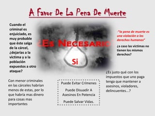 A Favor De La Pena De MuerteCuando el criminal es enjuiciado, es muy probable que éste salga de la cárcel, ¿dejarías a la victima y a la población expuestos a otro ataque?“la pena de muerte es una violación a los derechos humanos”¿a caso las víctimas no tienen los mismos derechos?Si¿Es justo qué con los impuestos que uno paga tenga que mantener a asesinos, violadores, delincuentes...? Con menor criminales en las cárceles habrían menos de estas, por lo que habría mas dinero para cosas mas importantesPuede Evitar CrímenesPuede Disuadir A Asesinos En PotenciaPuede Salvar Vidas. 