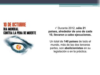  Durante 2012, sólo 21
países, alrededor de uno de cada
10, llevaron a cabo ejecuciones.
Un total de 140 países de todo el
mundo, más de las dos terceras
partes, son abolicionistas en su
legislación o en la práctica.
 