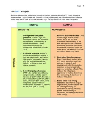 Page 4
The SWOT Analysis
Provide at least three statements in each of the four sections of the SWOT chart: Strengths,
Weak...
