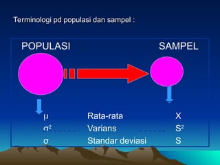 Terminologi pd populasi dan sampel :
Terminologi pd populasi dan sampel :
POPULASI SAMPEL
µ Rata-rata X
σ2
Varians S2
σ Standar deviasi S
 