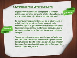 7. FAVORECIMIENTO AL VOTO FRAUDULENTO:

- Sujeto activo cualificado, se reprocha al servidor
  publico que permita, consienta o tolere la suplantación
  o el voto adicional, (jurado o autoridad electoral)

- Se configura independientemente de la advertencia si
  así el jurado le permita sufragar incurrirá en la
  conducta típica. El jurado debe buscar mediante todos
  los mecanismos verificar la identidad del sujeto aun si
  no es reconocible en la foto o el formato de cedula es
  antiguo.

- Tampoco a quien no aparezca en lista de sufragio, aun
  con cedula de ciudadanía o documento que le habilite.
  Exceptuándose de esta regla a los jurados que integran
  la mesa o funcionario publico que ejerza funciones de
  control durante la jornada.
 